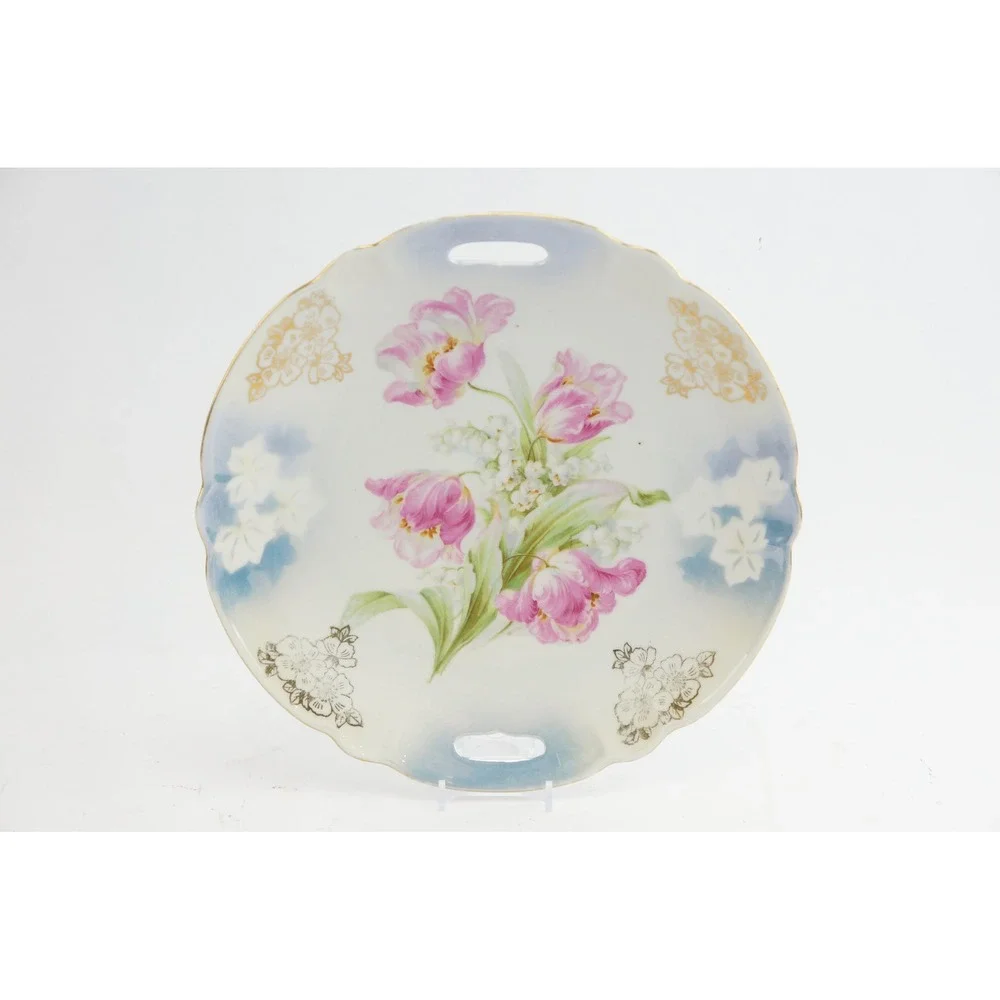 Vintage Made in Germany Porcelain Cake Plate Pink Tulips Floral Gold Trim 10 EUC